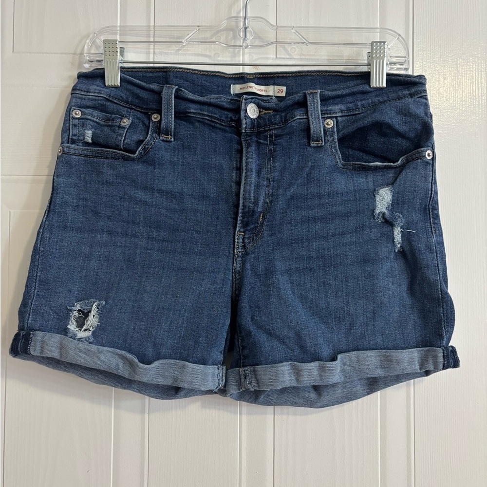 Women's Dark Blue Distressed Roll-Cuff Denim Shorts - Casual Five-Pocket